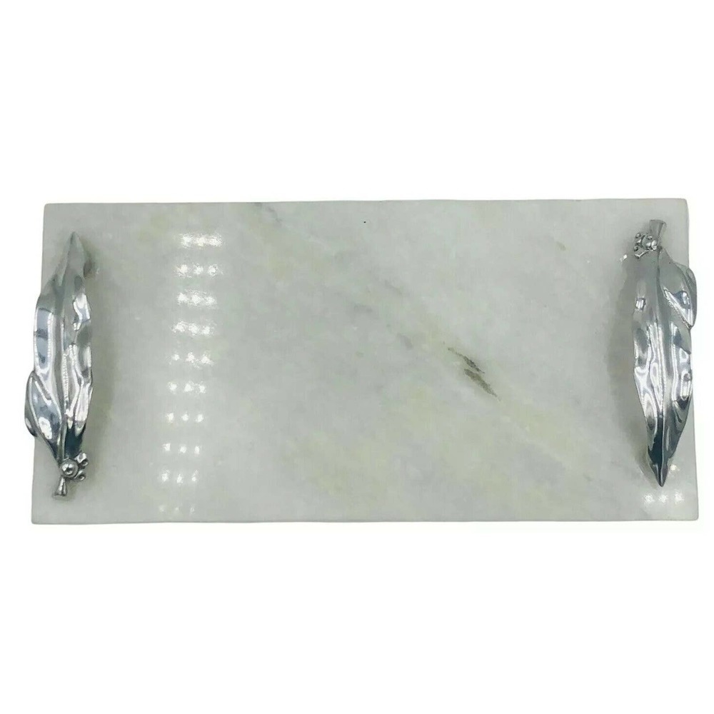 Rectangle Marble Tray with Silver Leaf Handles approx. 12 x 6 x 2 in
